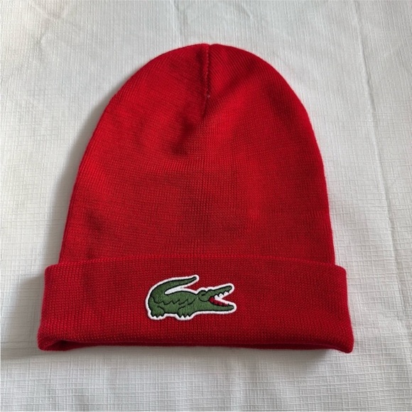 Lacoste Accessories - Lacoste Red Knit Hat with Iconic Crocodile Logo